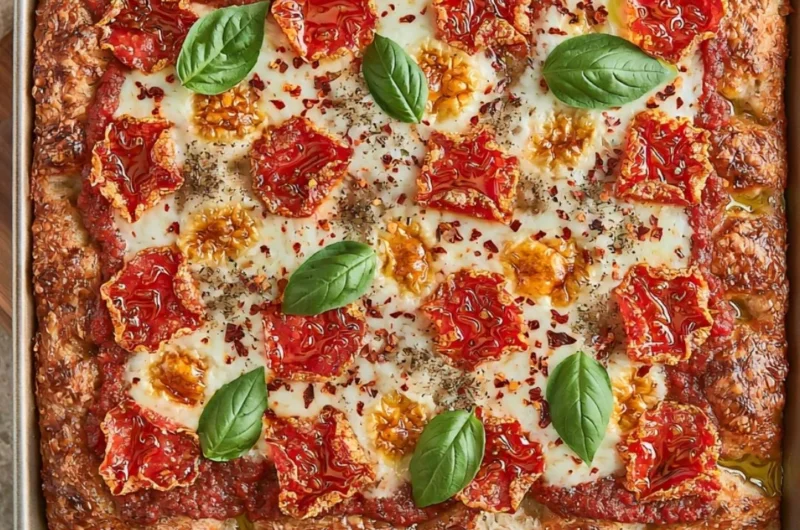 Sourdough discard focaccia-style pizza topped with fresh ingredients