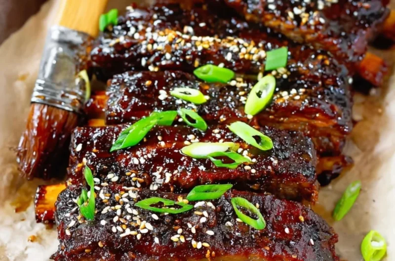 Delicious Sticky Asian Pork Ribs glazed in a savory sauce