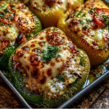 Vegetarian stuffed bell peppers filled with rice, beans, and vegetables