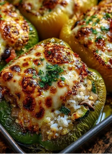 Vegetarian stuffed bell peppers filled with rice, beans, and vegetables