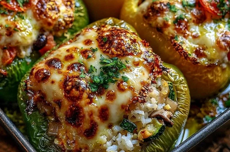 Vegetarian stuffed bell peppers filled with rice, beans, and vegetables