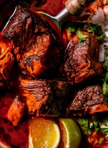 Plate of authentic Mexican Birria served with garnishes and side dishes.