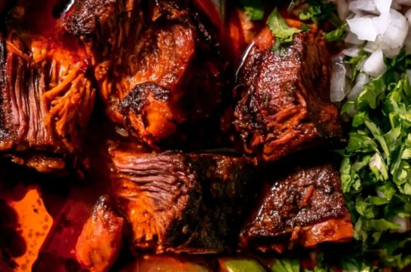 Plate of authentic Mexican Birria served with garnishes and side dishes.