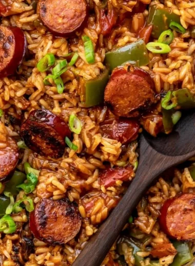 Delicious Cajun Sausage and Rice in a rustic bowl with colorful vegetables.