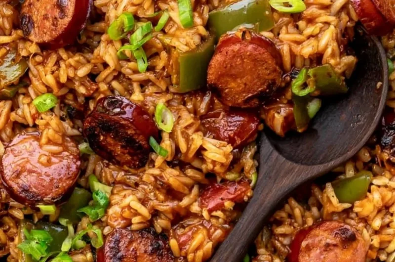 Delicious Cajun Sausage and Rice in a rustic bowl with colorful vegetables.