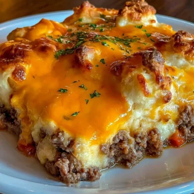 Cheddar Bay Hamburger Casserole served in a baking dish