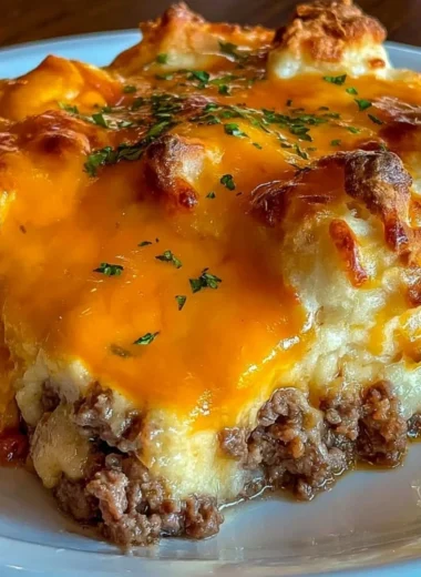 Cheddar Bay Hamburger Casserole served in a baking dish