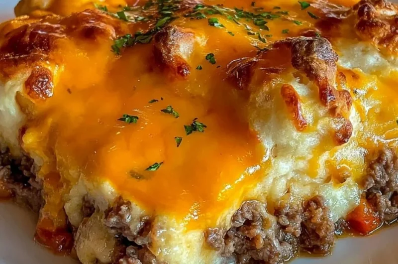Cheddar Bay Hamburger Casserole served in a baking dish
