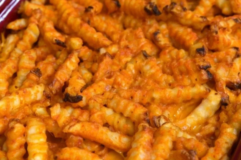 Cheeseburger Casserole topped with French fries in a baking dish