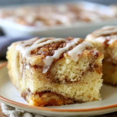 Delicious cinnamon roll cake with swirls of cinnamon and icing.