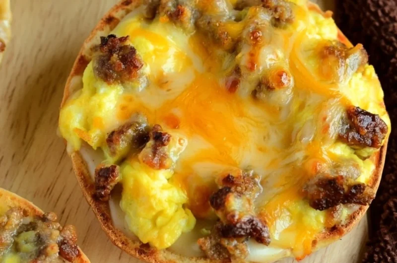 Delicious English Muffin Breakfast Pizza topped with cheese and eggs