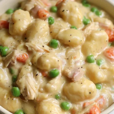 Bowl of Gnocchi Chicken Pot Pie with creamy filling and golden crust