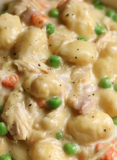 Bowl of Gnocchi Chicken Pot Pie with creamy filling and golden crust