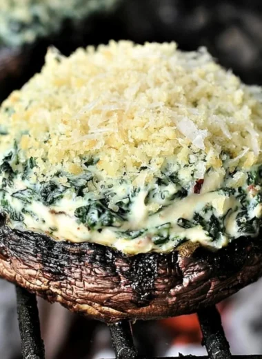 Grilled spinach dip stuffed in portabella mushroom caps, an irresistible appetizer.
