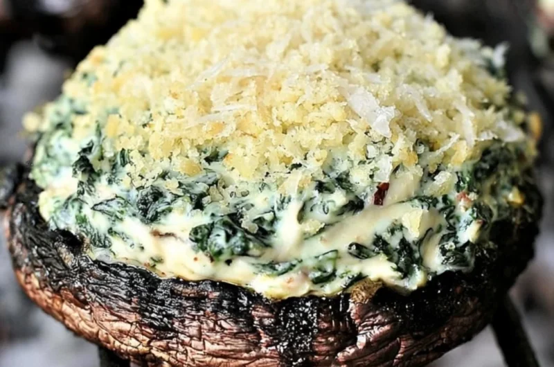 Grilled spinach dip stuffed in portabella mushroom caps, an irresistible appetizer.