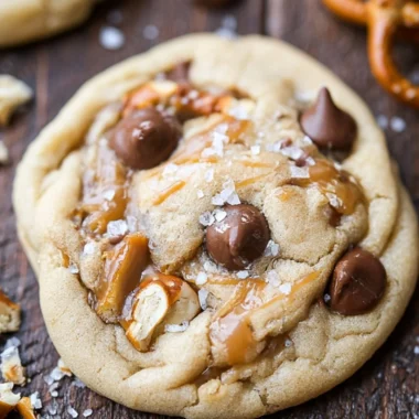 Delicious salted caramel pretzel chocolate chip cookies on a plate