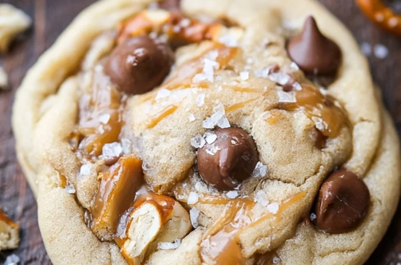 Delicious salted caramel pretzel chocolate chip cookies on a plate