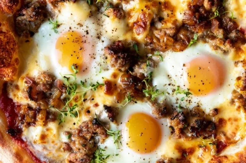 Sausage breakfast pizza topped with eggs and cheese, perfect for brunch.