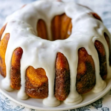 Homemade cinnamon roll bundt cake topped with creamy icing.