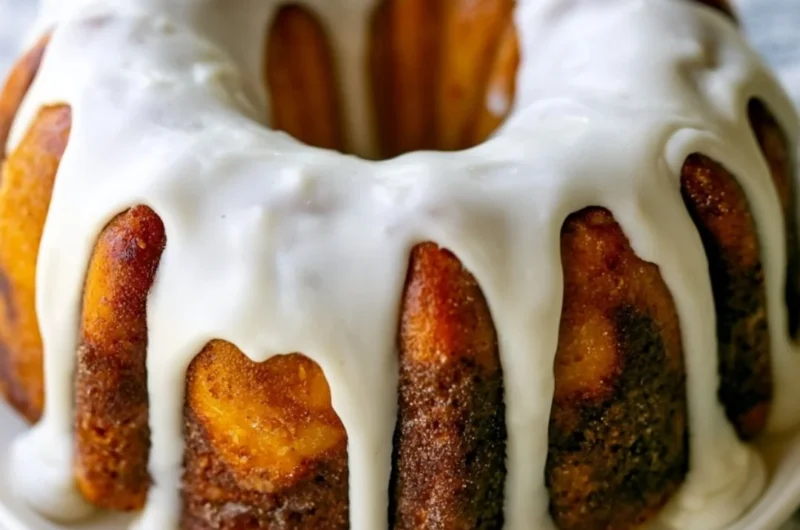 Homemade cinnamon roll bundt cake topped with creamy icing.