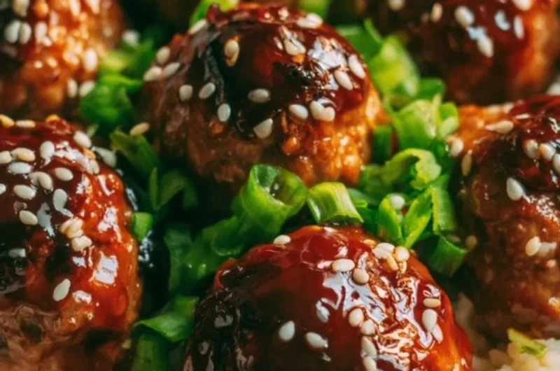 Delicious Asian meatballs garnished with herbs and served in a savory sauce.