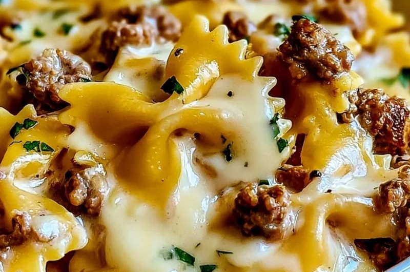 Delicious Beef and Bowtie Pasta with creamy Alfredo Sauce on a plate