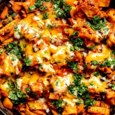 Butternut squash and black bean enchilada skillet topped with fresh ingredients.