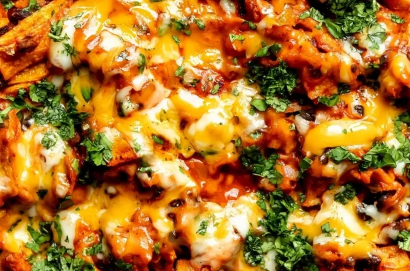 Butternut squash and black bean enchilada skillet topped with fresh ingredients.