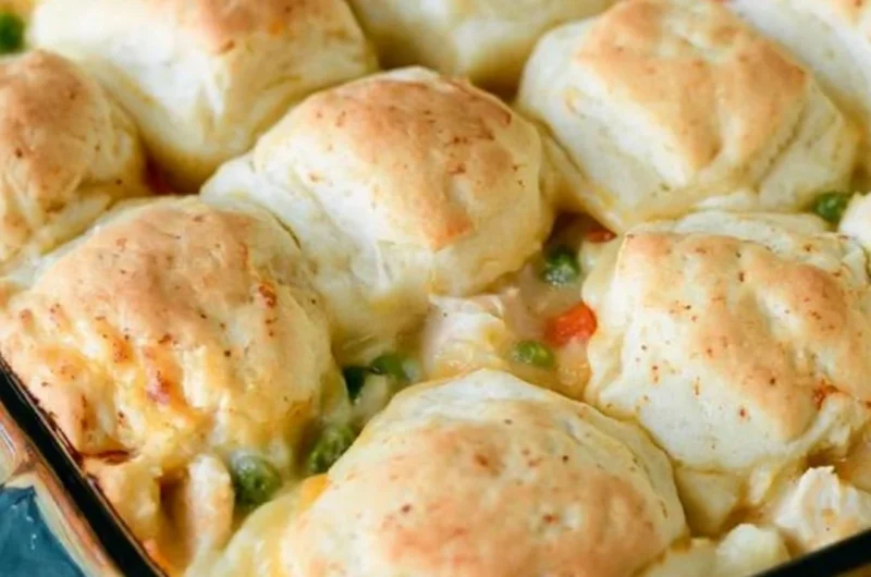 Homemade Chicken Pot Pie with fluffy biscuits on top