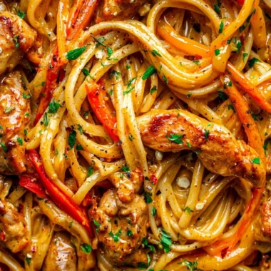 A serving of Cowboy Butter Chicken Pasta featuring chicken, pasta, and creamy sauce.