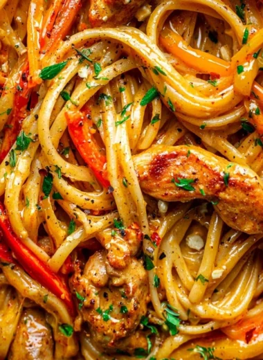 A serving of Cowboy Butter Chicken Pasta featuring chicken, pasta, and creamy sauce.