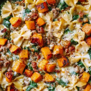 Creamy butternut squash pasta garnished with sausage and spinach in a bowl