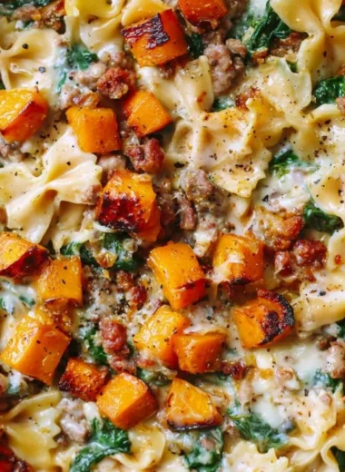 Creamy butternut squash pasta garnished with sausage and spinach in a bowl