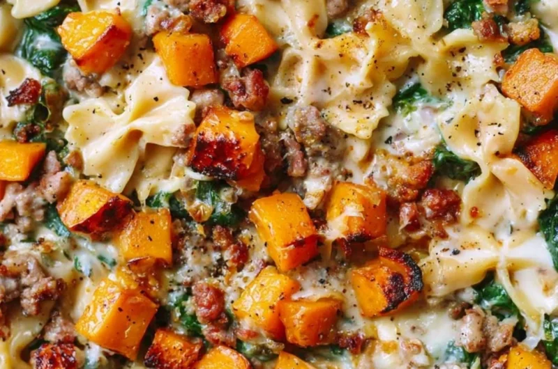 Creamy butternut squash pasta garnished with sausage and spinach in a bowl