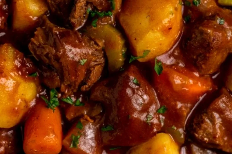 Delicious Crock Pot beef stew simmering in a cozy kitchen setting
