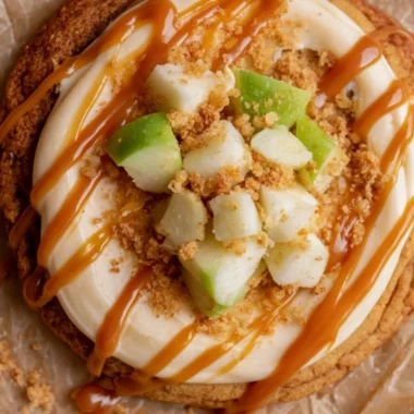 Crumbl caramel apple cookies featuring apple chunks and caramel drizzle
