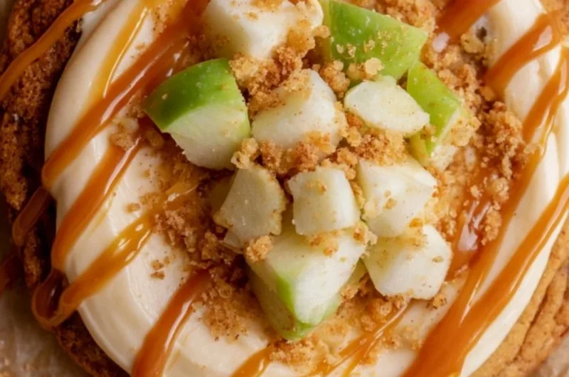 Crumbl caramel apple cookies featuring apple chunks and caramel drizzle