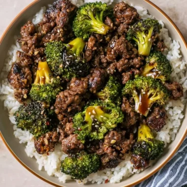 Ground beef and broccoli stir-fry dish with vibrant vegetables