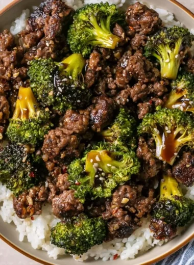 Ground beef and broccoli stir-fry dish with vibrant vegetables