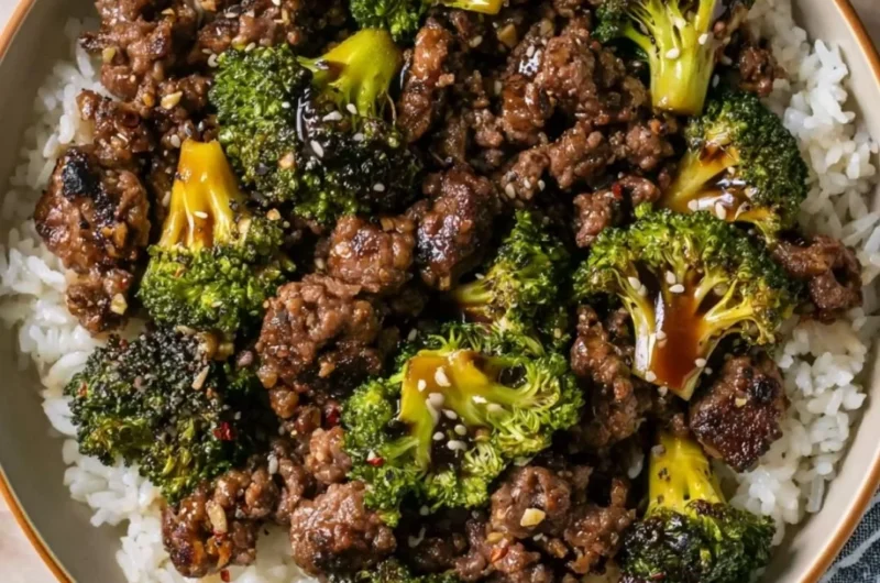 Ground beef and broccoli stir-fry dish with vibrant vegetables