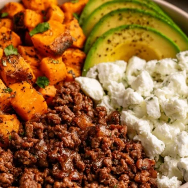 Hot Honey Sweet Potato Beef Bowls with ingredients in a colorful presentation