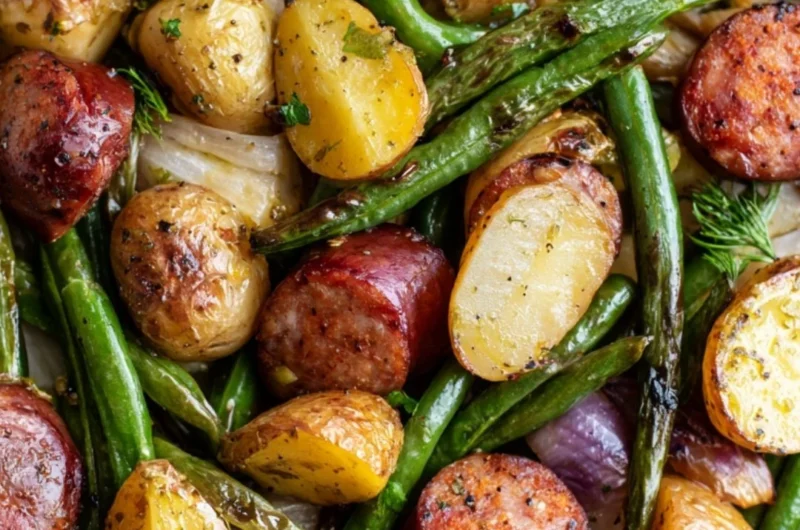 One Pan Sausage with green beans and potatoes on a serving plate.
