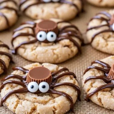 Peanut Butter Spider Cookies decorated with chocolate and candy for Halloween.