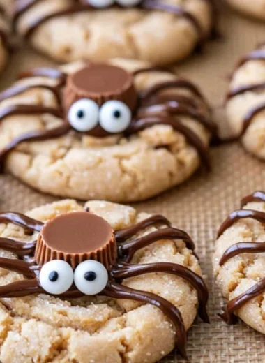 Peanut Butter Spider Cookies decorated with chocolate and candy for Halloween.