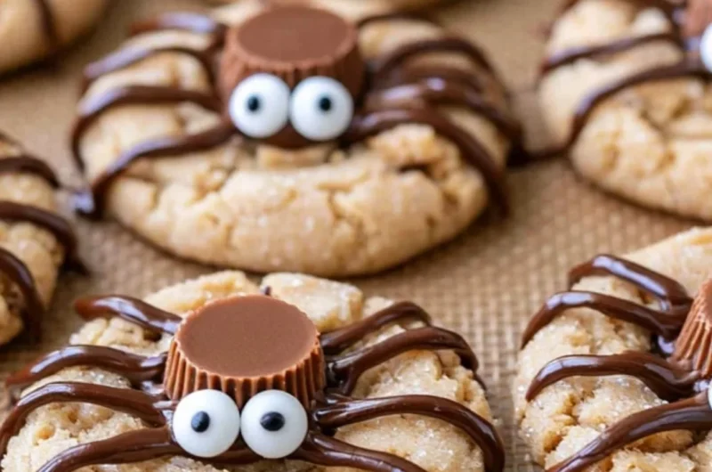 Peanut Butter Spider Cookies decorated with chocolate and candy for Halloween.
