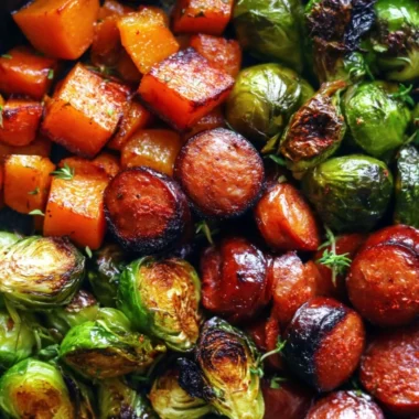 Sausage and veggies skillet with butternut squash and Brussels sprouts in a pan