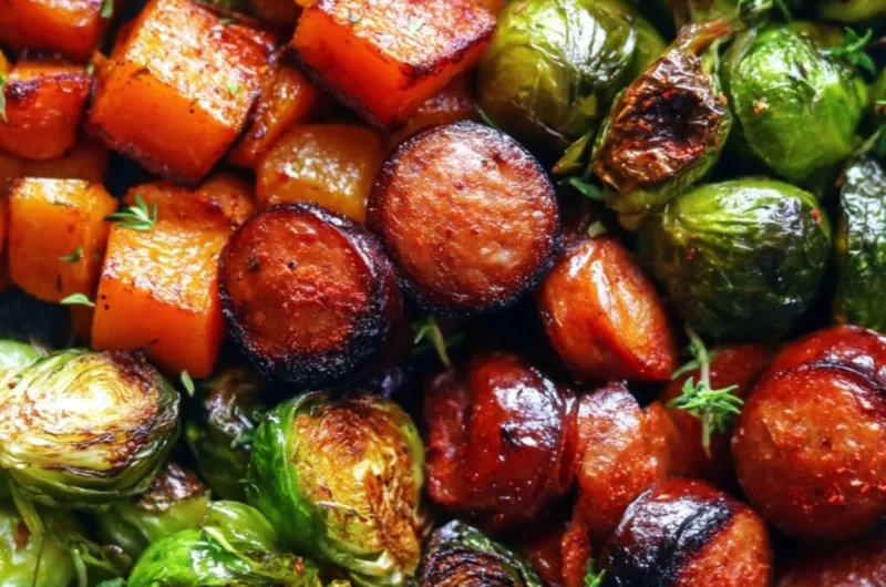 Sausage and veggies skillet with butternut squash and Brussels sprouts in a pan