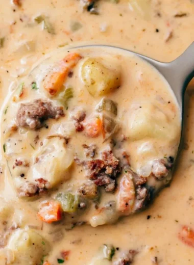 Bowl of Sausage Potato Soup with fresh herbs and bread on the side
