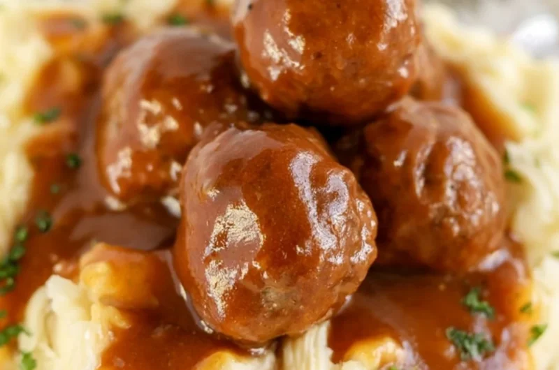 Delicious slow cooker Salisbury steak meatballs served with gravy