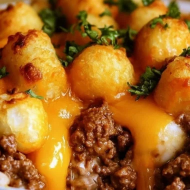 Delicious tater tot casserole topped with golden, crispy tater tots